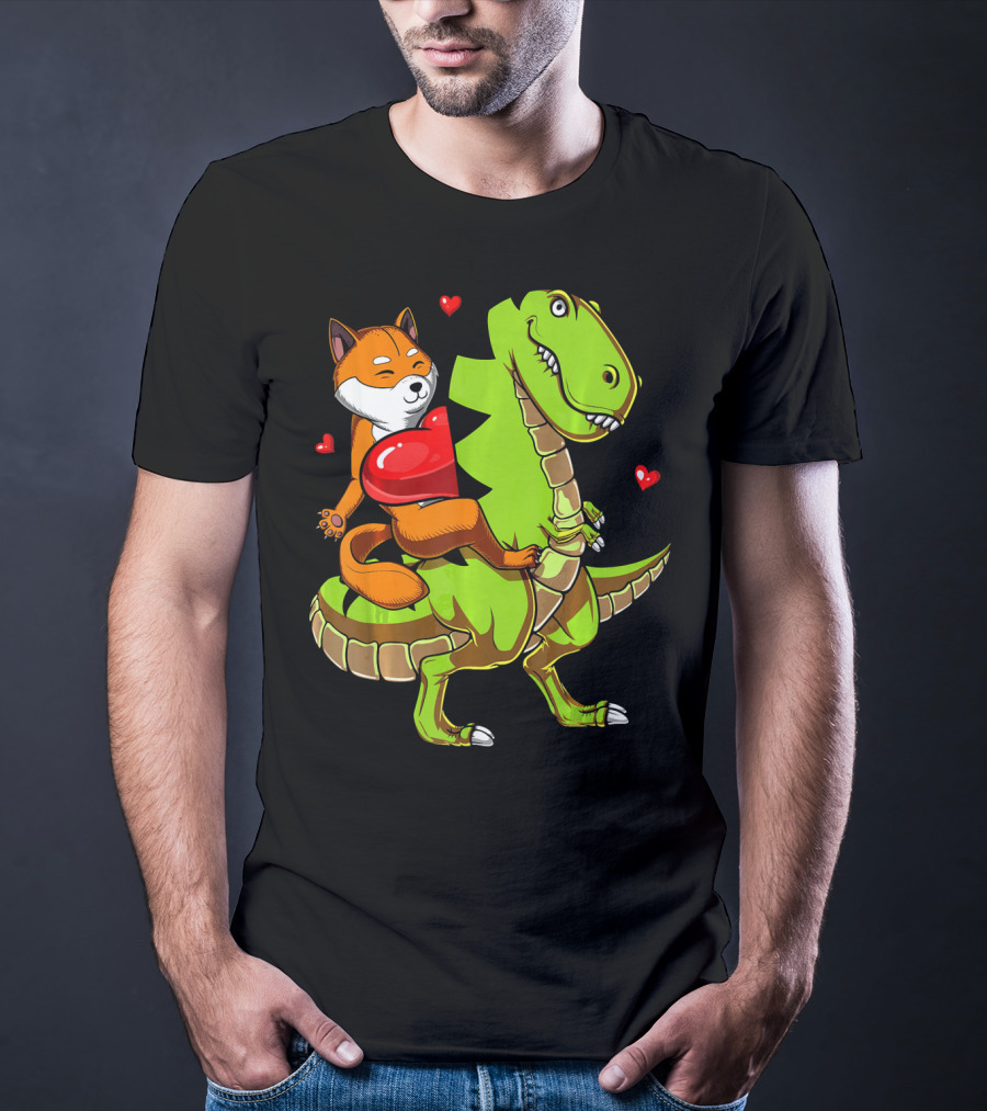 Shiba Inu Riding Green T-Rex Dinosaur With Red Hearts T-Shirt