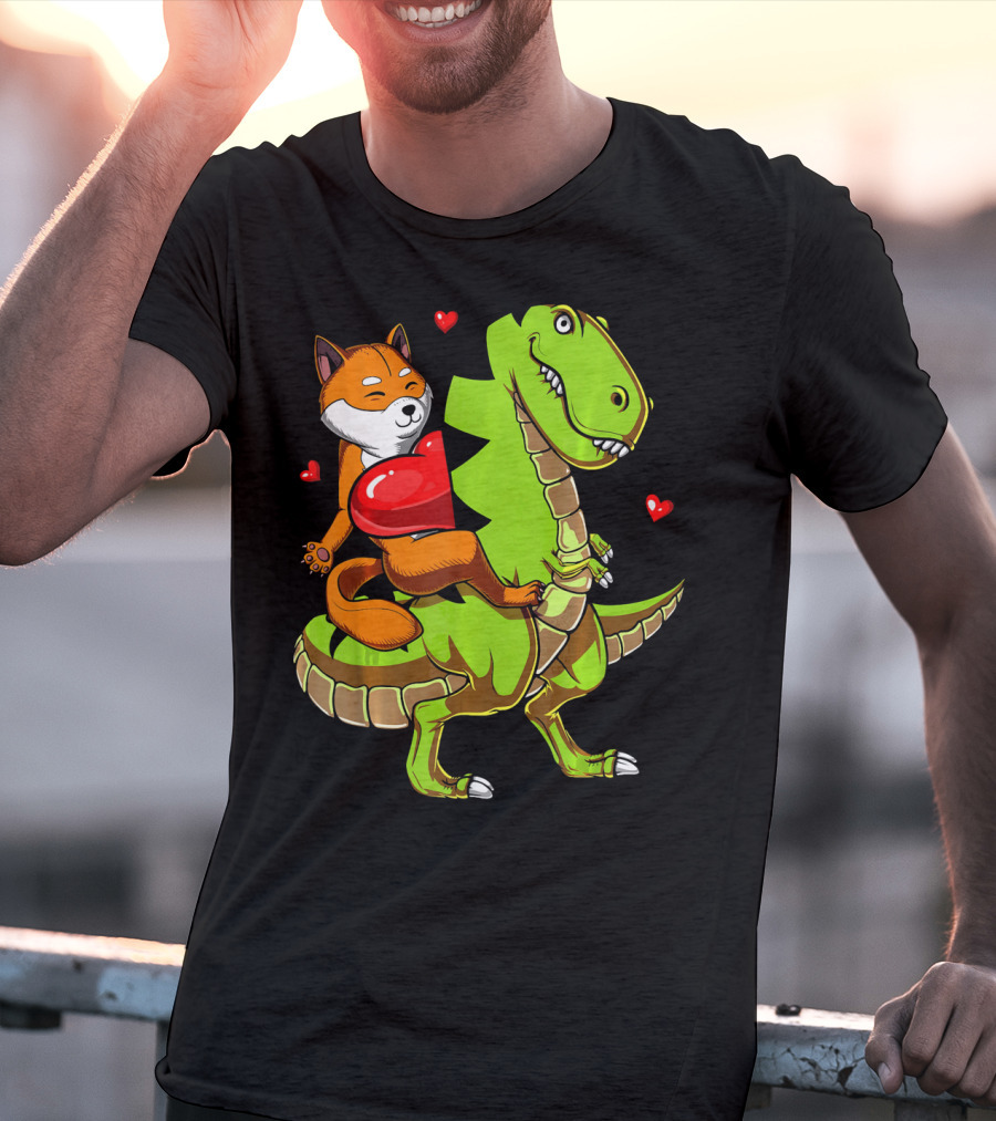 Shiba Inu Riding Green T-Rex Dinosaur With Red Hearts T-Shirt