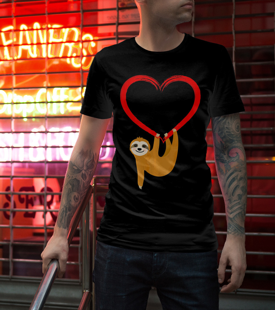 Valentines Day Sloth Hanging On Heart T-Shirt