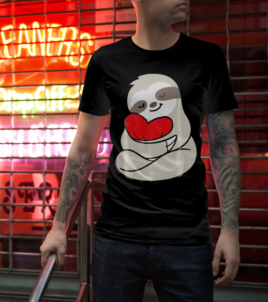 Sloth Hugging Heart Love Valentines T-Shirt
