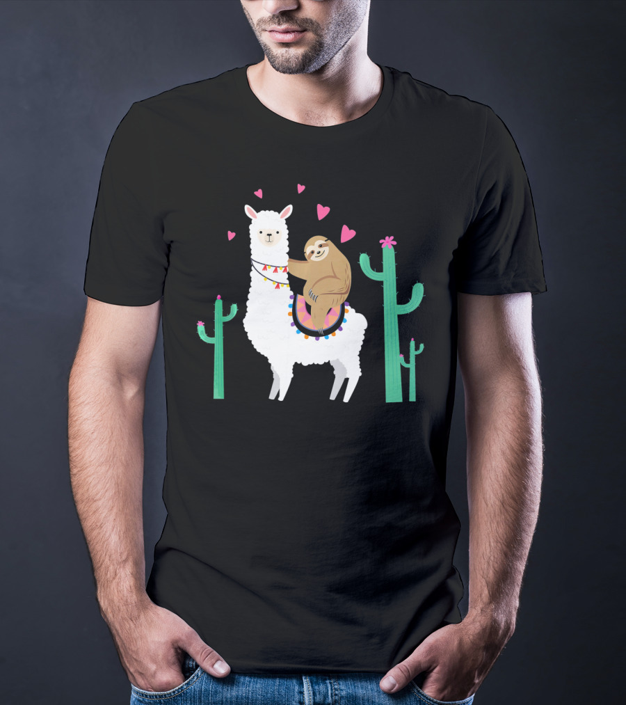 Sloth Riding Llama With Hearts And Cacti T-Shirt