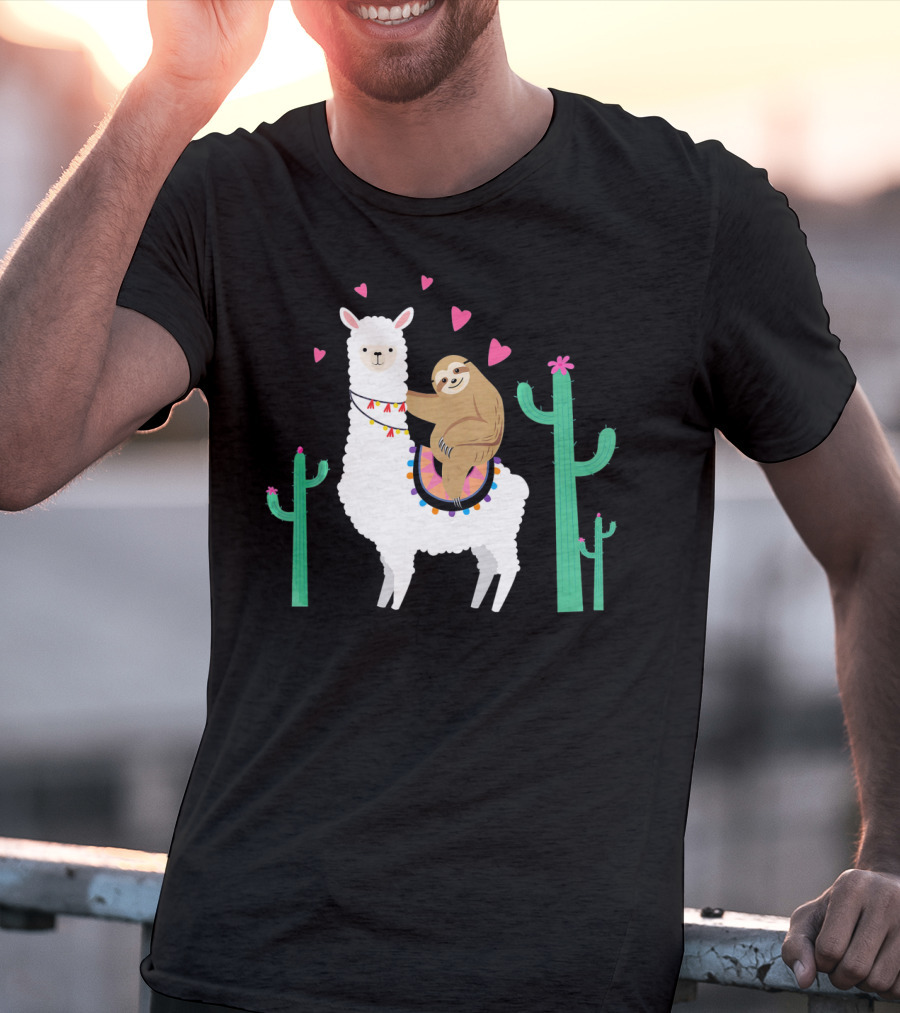 Sloth Riding Llama With Hearts And Cacti T-Shirt