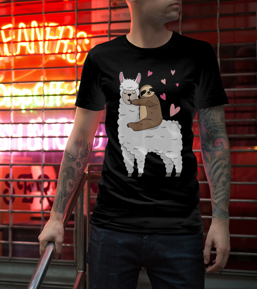 Sloth Riding Llama Cute Hearts Valentines Day T-Shirt