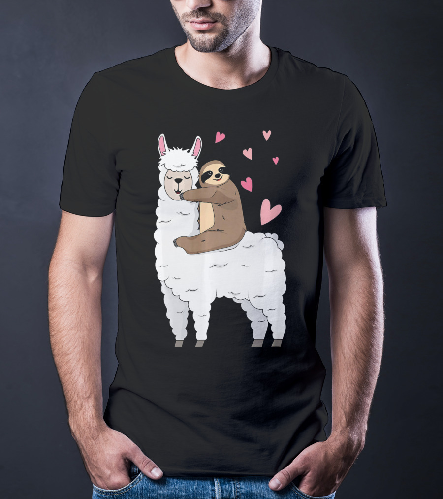 Sloth Riding Llama Cute Hearts Valentines Day T-Shirt
