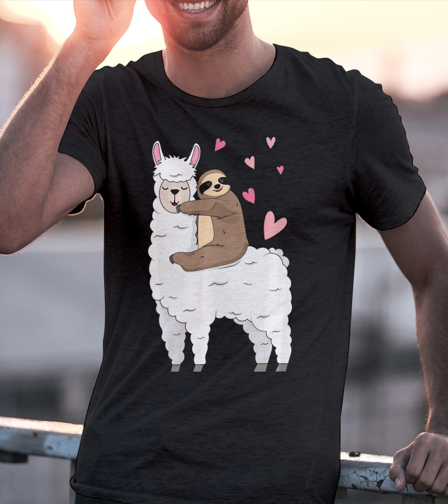 Sloth Riding Llama Cute Hearts Valentines Day T-Shirt