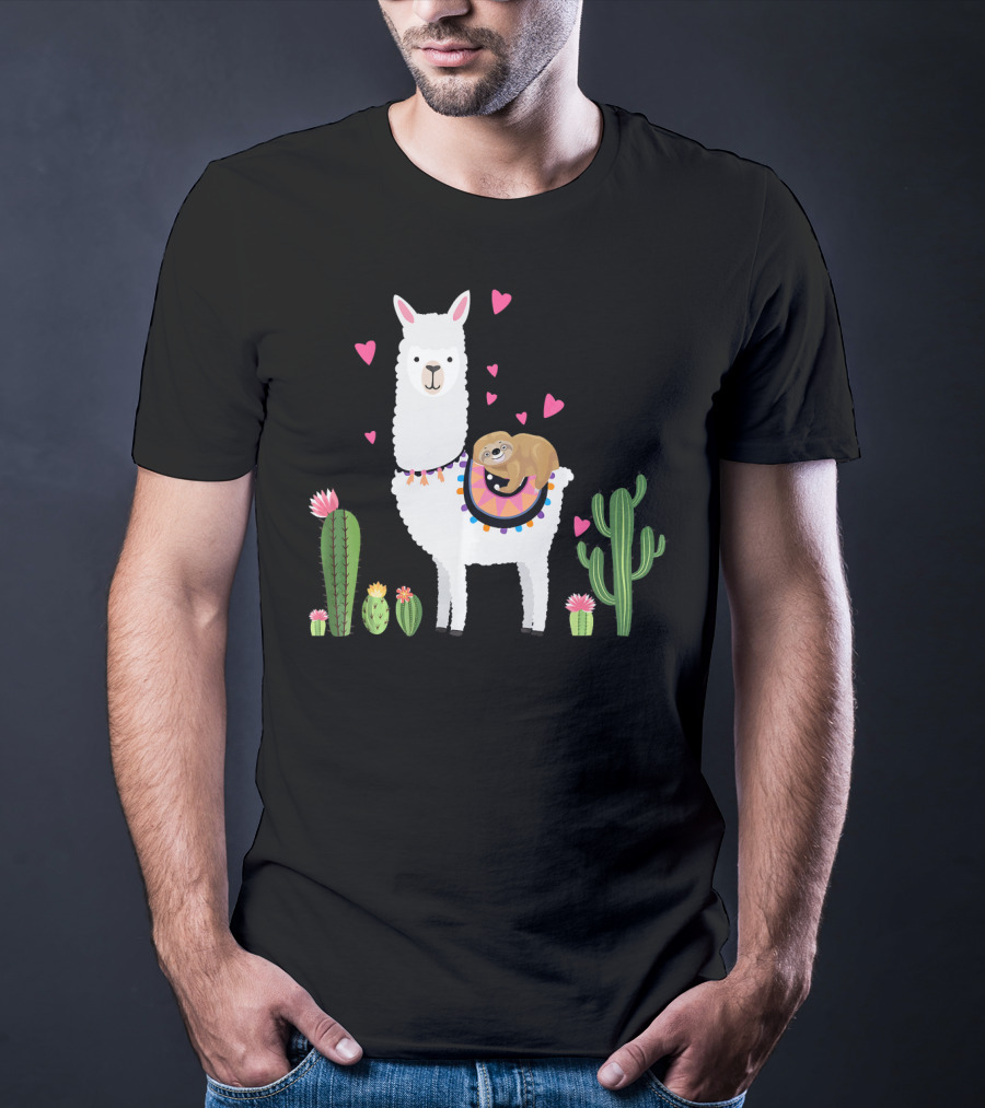 Sloth Riding Llama Heart Cactus Funny Va T-Shirt