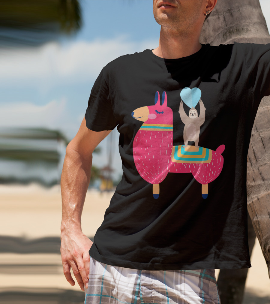 Sloth Riding Llama With Heart Balloon T-Shirt