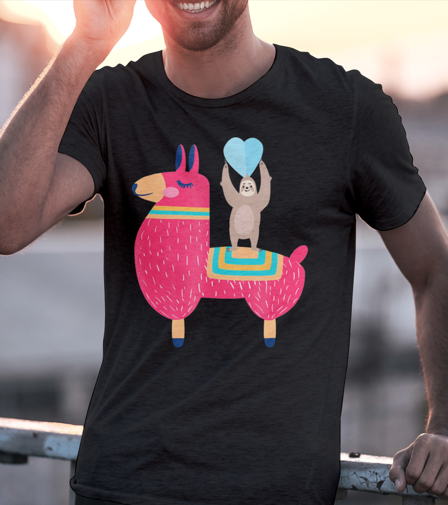 Sloth Riding Llama With Heart Balloon T-Shirt