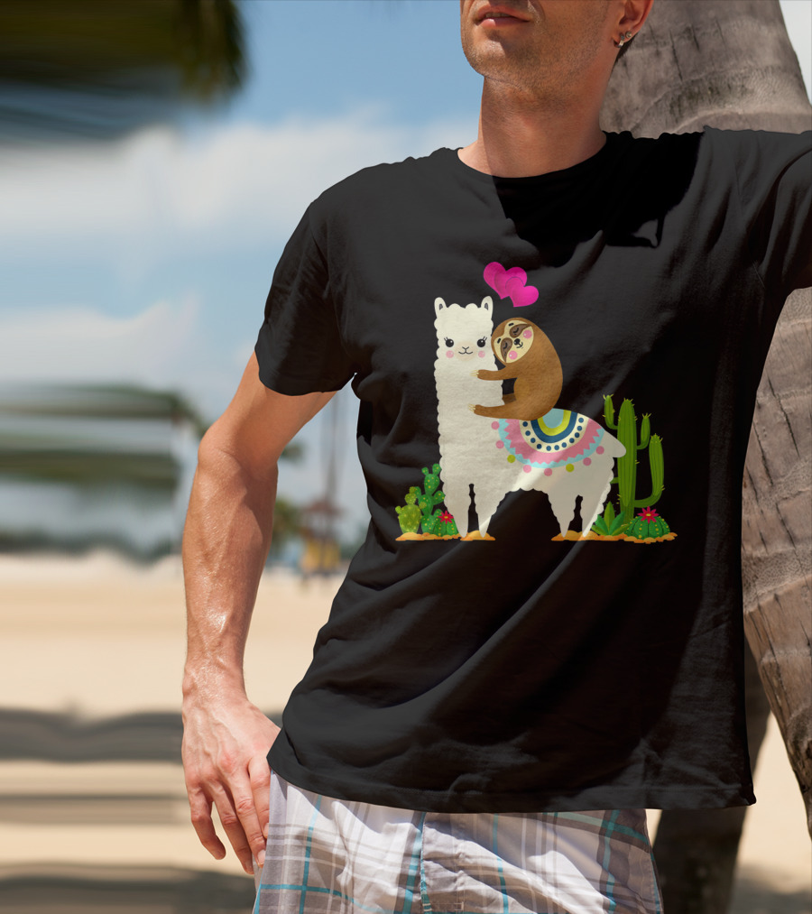Sloth Riding Llama With Pink Hearts And Cactus Funny Valentin T-Shirt