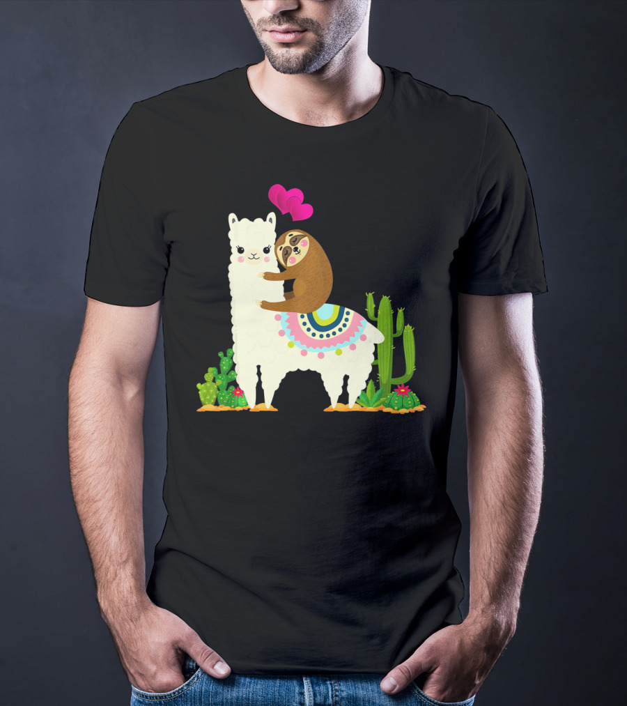 Sloth Riding Llama With Pink Hearts And Cactus Funny Valentin T-Shirt