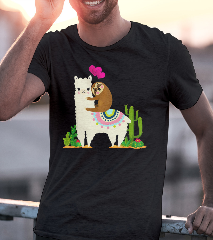 Sloth Riding Llama With Pink Hearts And Cactus Funny Valentin T-Shirt