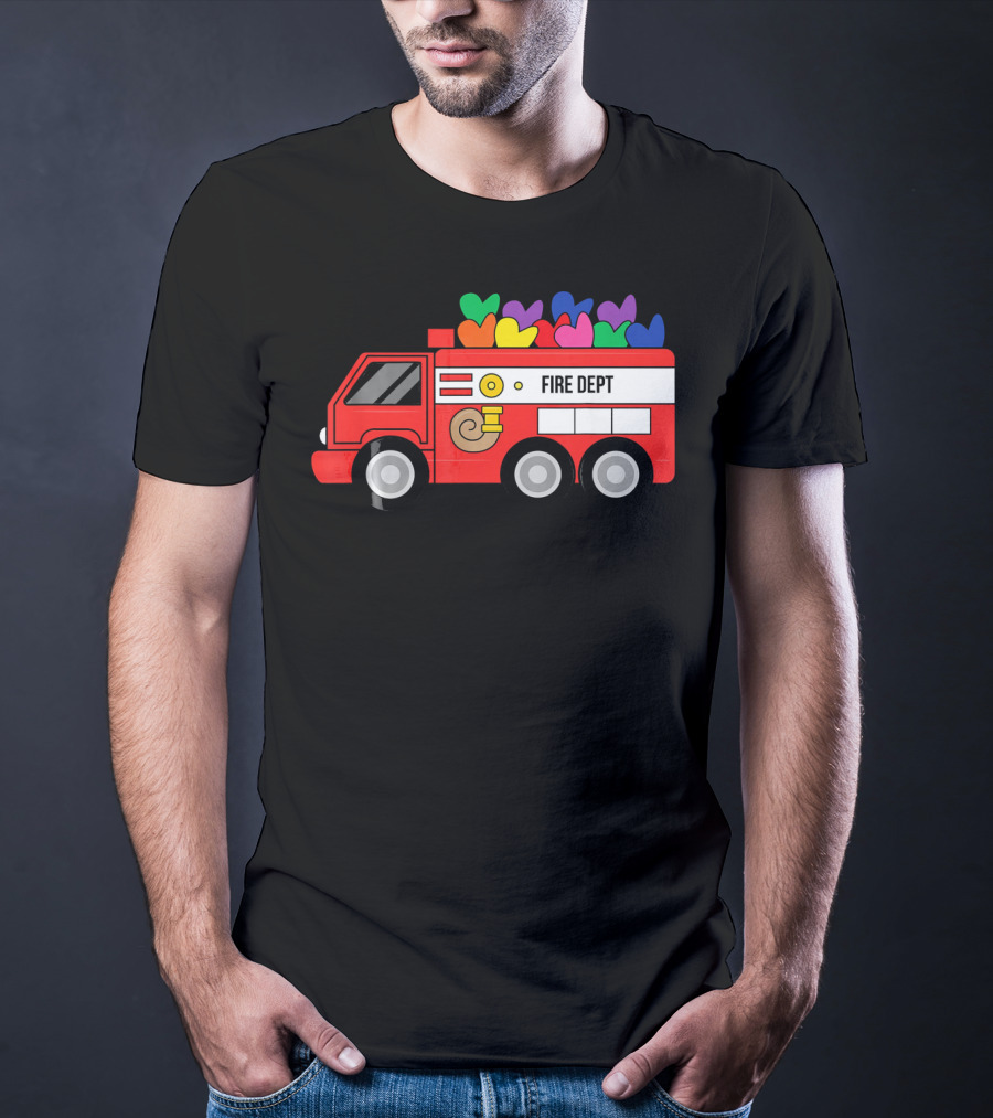 Fire Dept Valentine Hearts Sloth Fire Truck T-Shirt