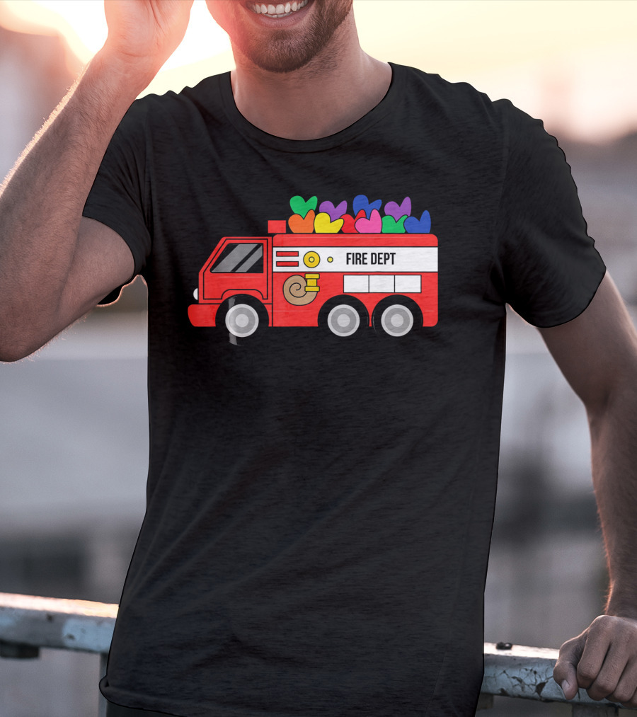 Fire Dept Valentine Hearts Sloth Fire Truck T-Shirt