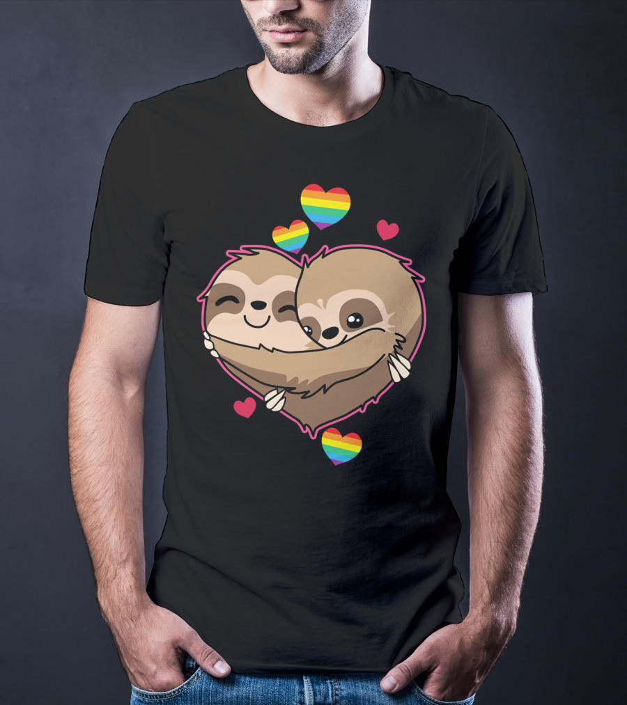 Valentines Day Sloth Heart With Rainbow Hearts T-Shirt