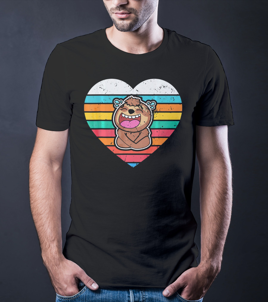 Retro Striped Laughing Sloth Heart Valentine's Day T-Shirt