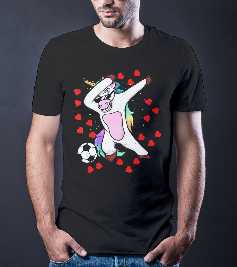 Soccer Is My Valentine Unicorn Dabbing Surrounded By Hearts T-Shirt