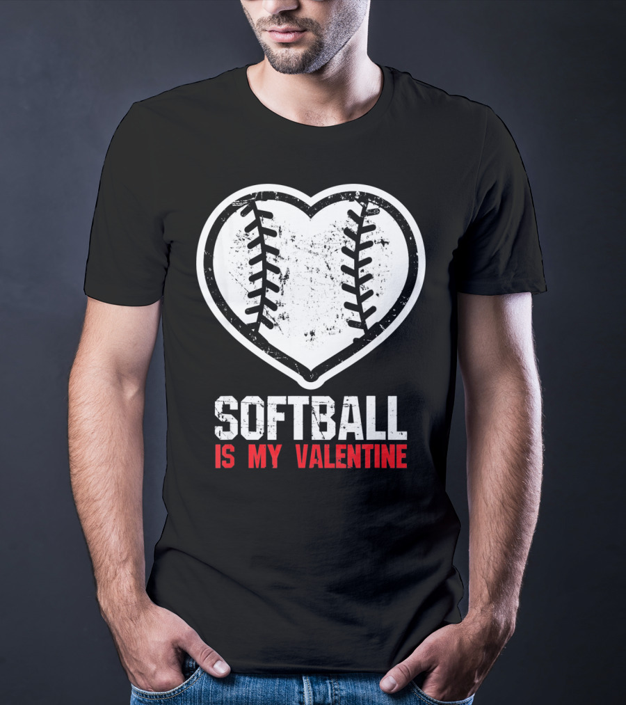 Softball Is My Valentine Heartball Stitching T-Shirt