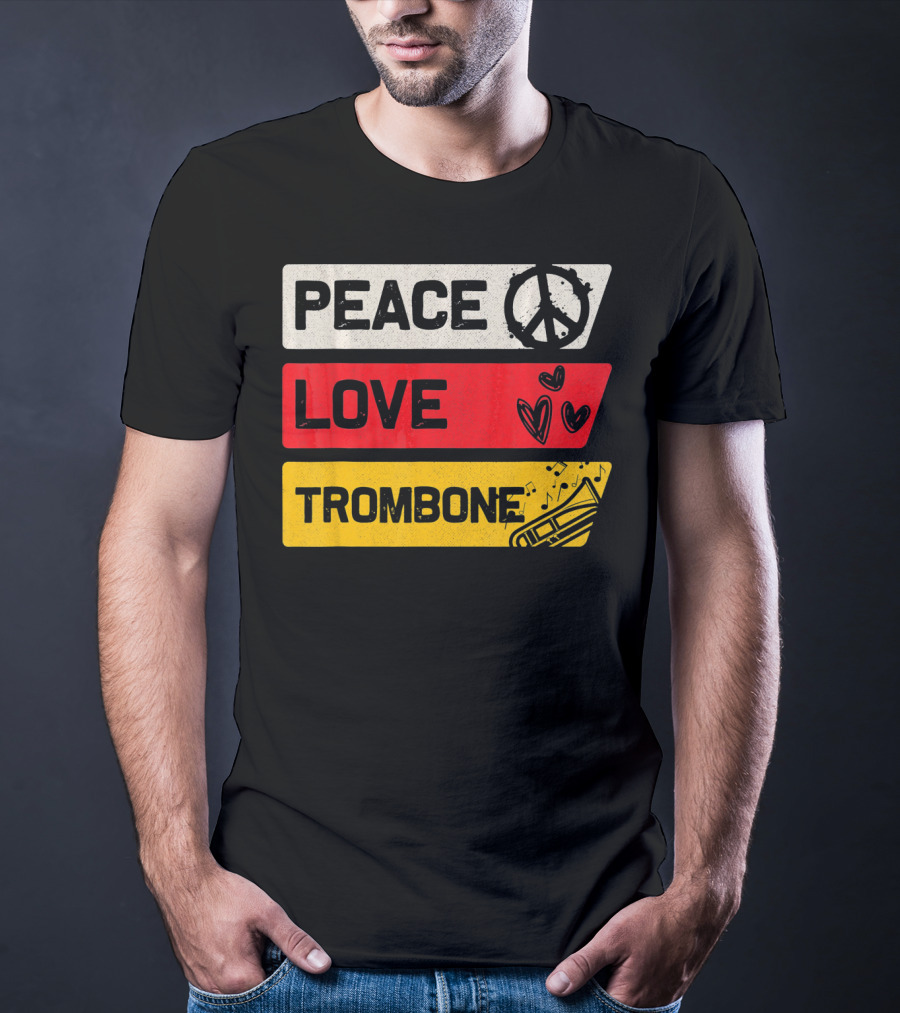 Peace Sign Love Heart Trombone Music Symbols T-Shirt