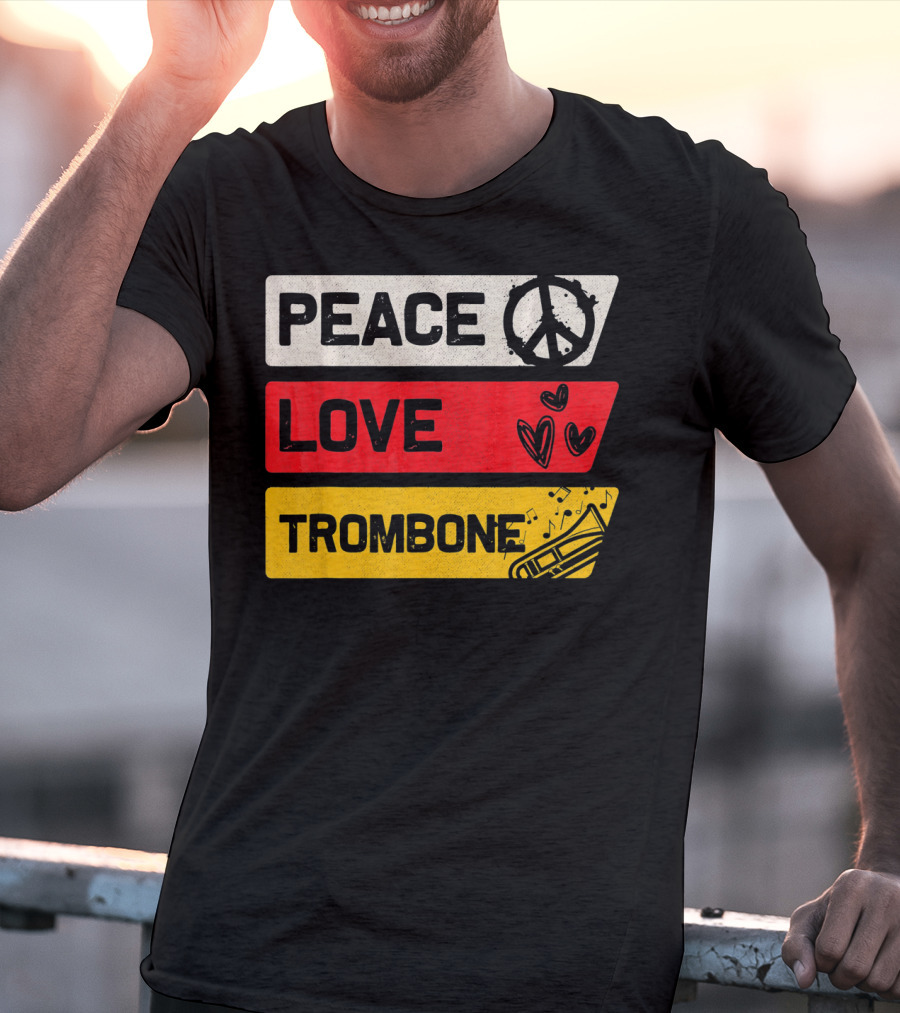 Peace Sign Love Heart Trombone Music Symbols T-Shirt