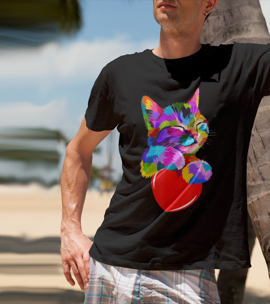 This Valentines My Cat Holds My Heart Colorful Kitten With Red Heart T-Shirt