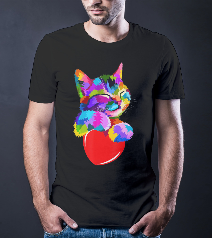 This Valentines My Cat Holds My Heart Colorful Kitten With Red Heart T-Shirt