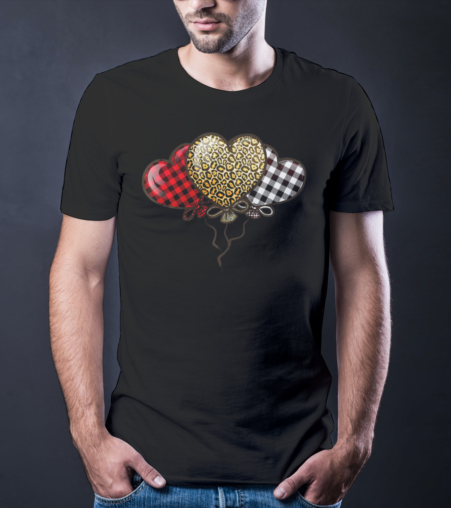 Three Balloons Hearts Buffalo Plaid Leopard T-Shirt
