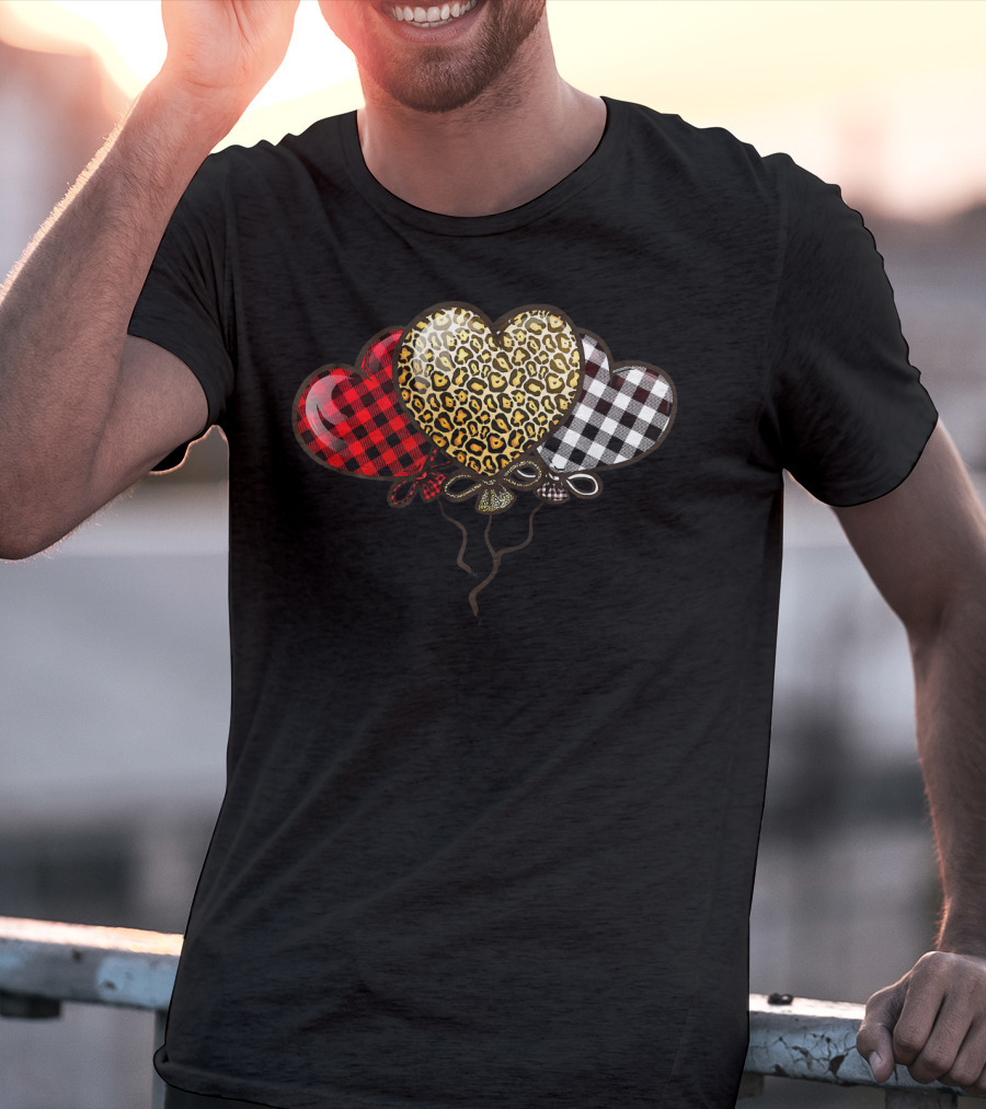 Three Balloons Hearts Buffalo Plaid Leopard T-Shirt