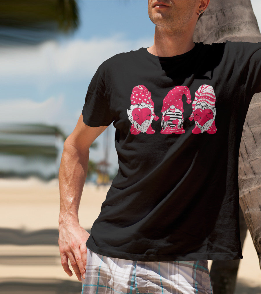 Three Pink Gnomes Holding Love Hearts Valentine T-Shirt