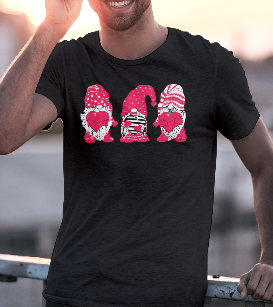 Three Pink Gnomes Holding Love Hearts Valentine T-Shirt