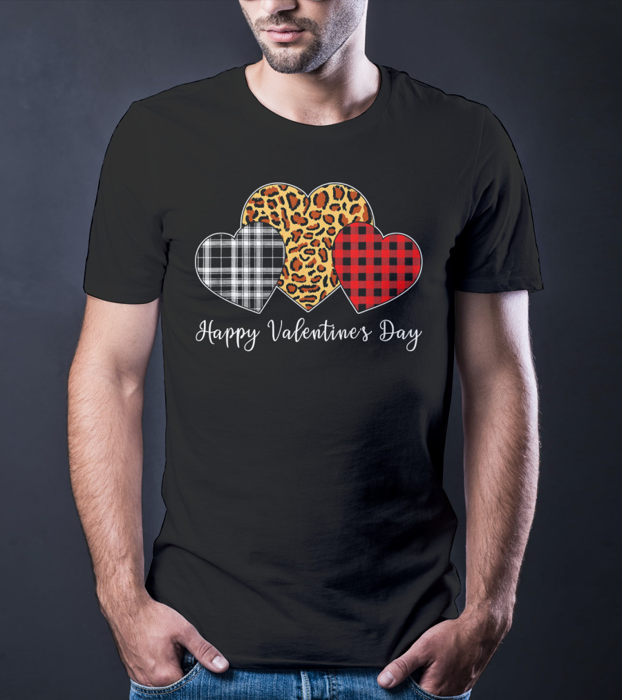 Happy Valentine's Day Three Hearts Leopard Buffalo Plaid T-Shirt