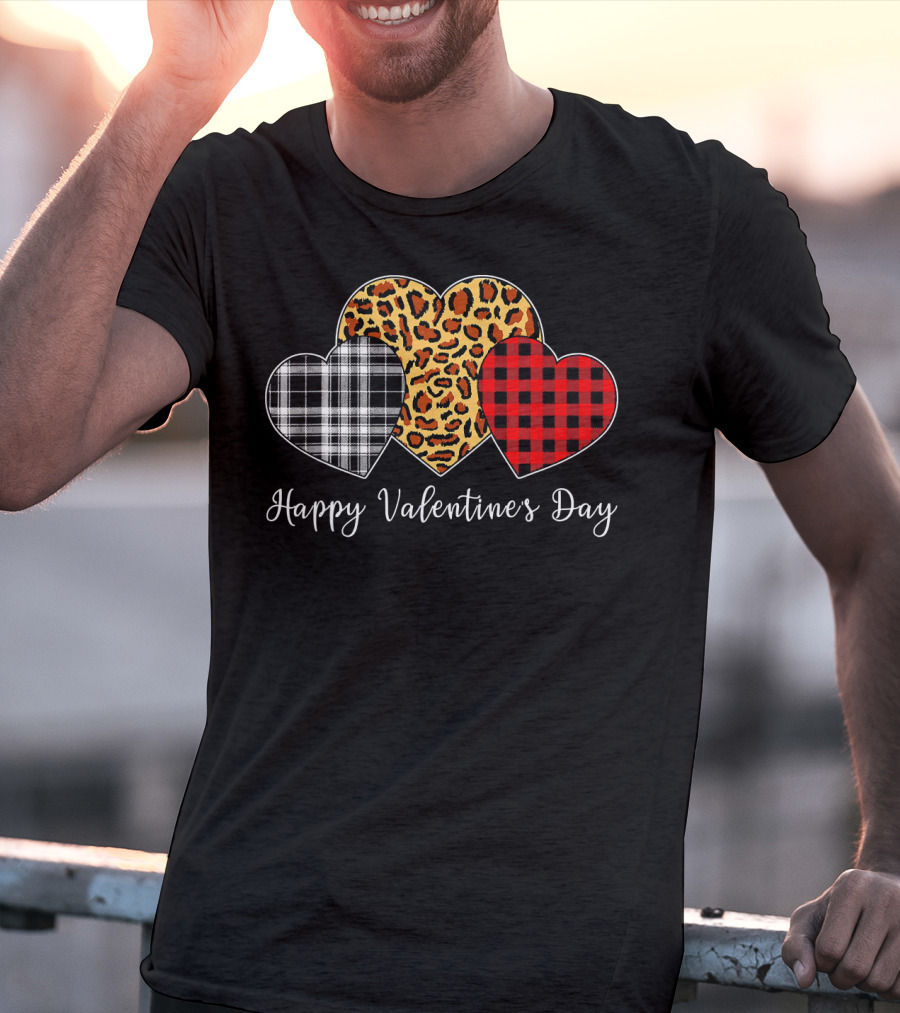 Happy Valentine's Day Three Hearts Leopard Buffalo Plaid T-Shirt