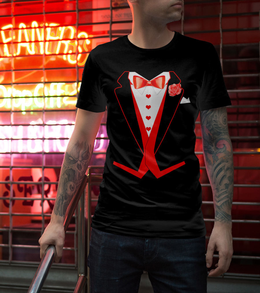 Tuxedo Red Hearts Cool Funny Valentines Bow Tie Rose T-Shirt