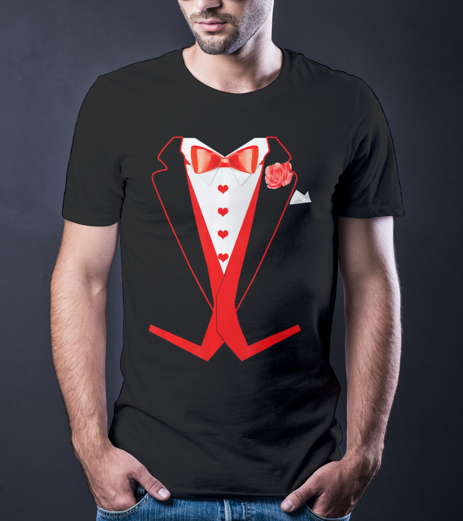 Tuxedo Red Hearts Cool Funny Valentines Bow Tie Rose T-Shirt