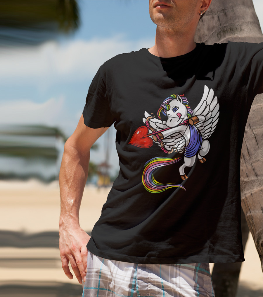 Unicorn Cupid Heart Valentines Day Rainbow Pegasus T-Shirt