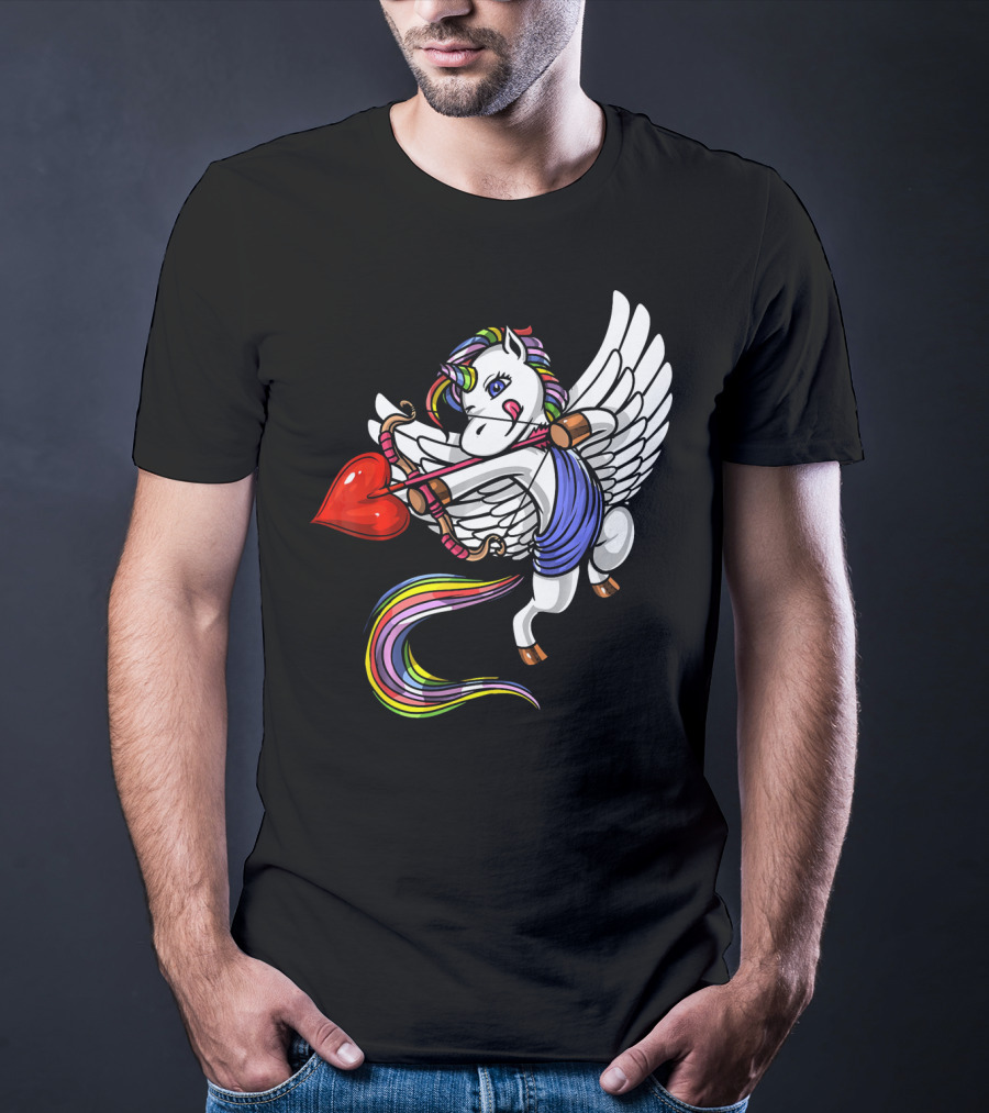 Unicorn Cupid Heart Valentines Day Rainbow Pegasus T-Shirt