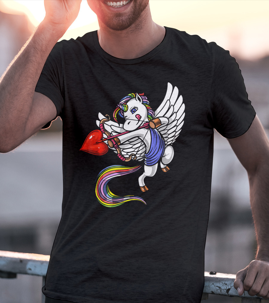 Unicorn Cupid Heart Valentines Day Rainbow Pegasus T-Shirt