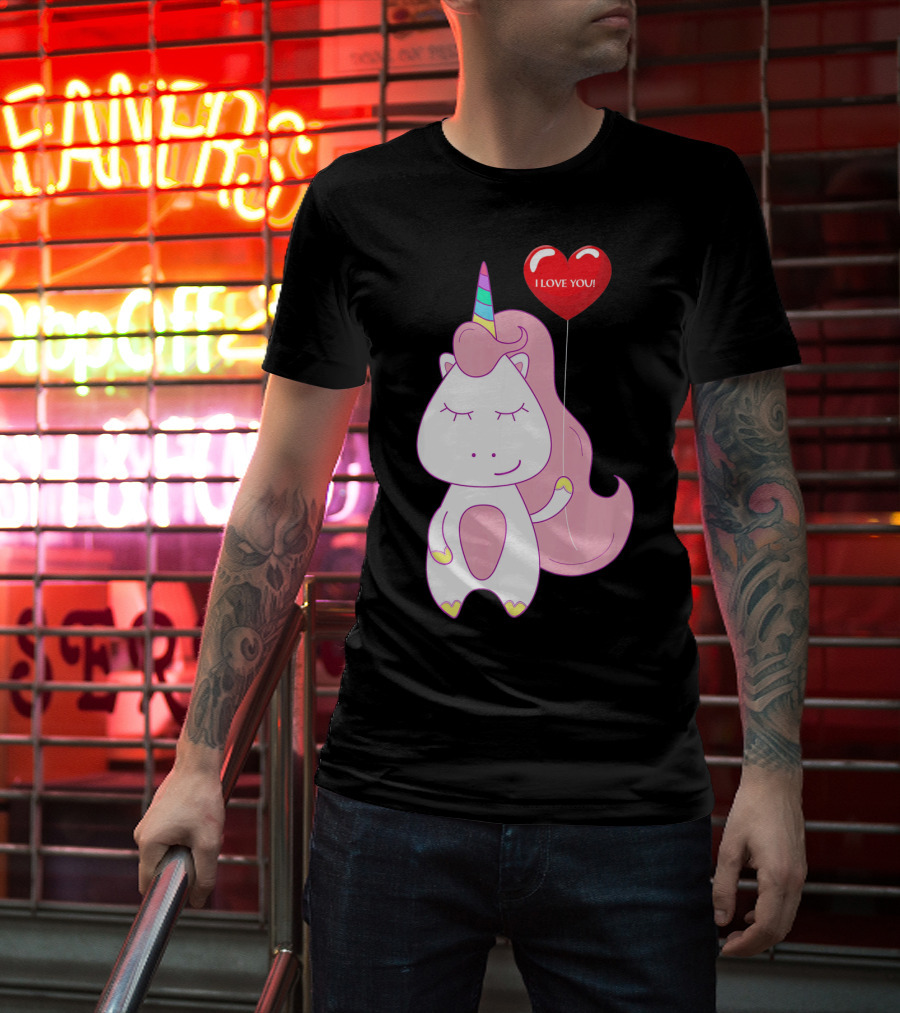 Unicorn Holding Heart Balloon With I Love You Message Valentine T-Shirt