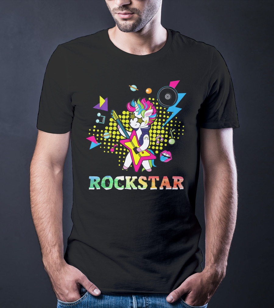 Unicorn Rock Star With Guitar Colorful Music Elements And Neon Symbols T-Shirt
