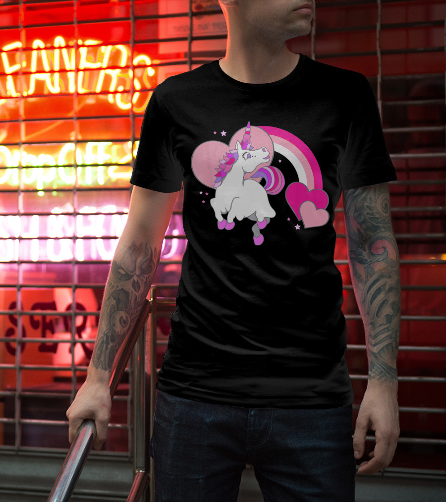 Unicorn Valentines Day Heart Rainbow Pink Stars T-Shirt