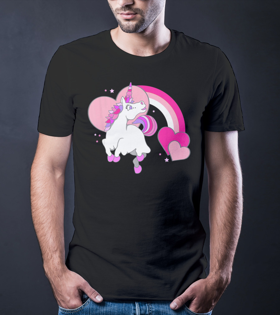 Unicorn Valentines Day Heart Rainbow Pink Stars T-Shirt