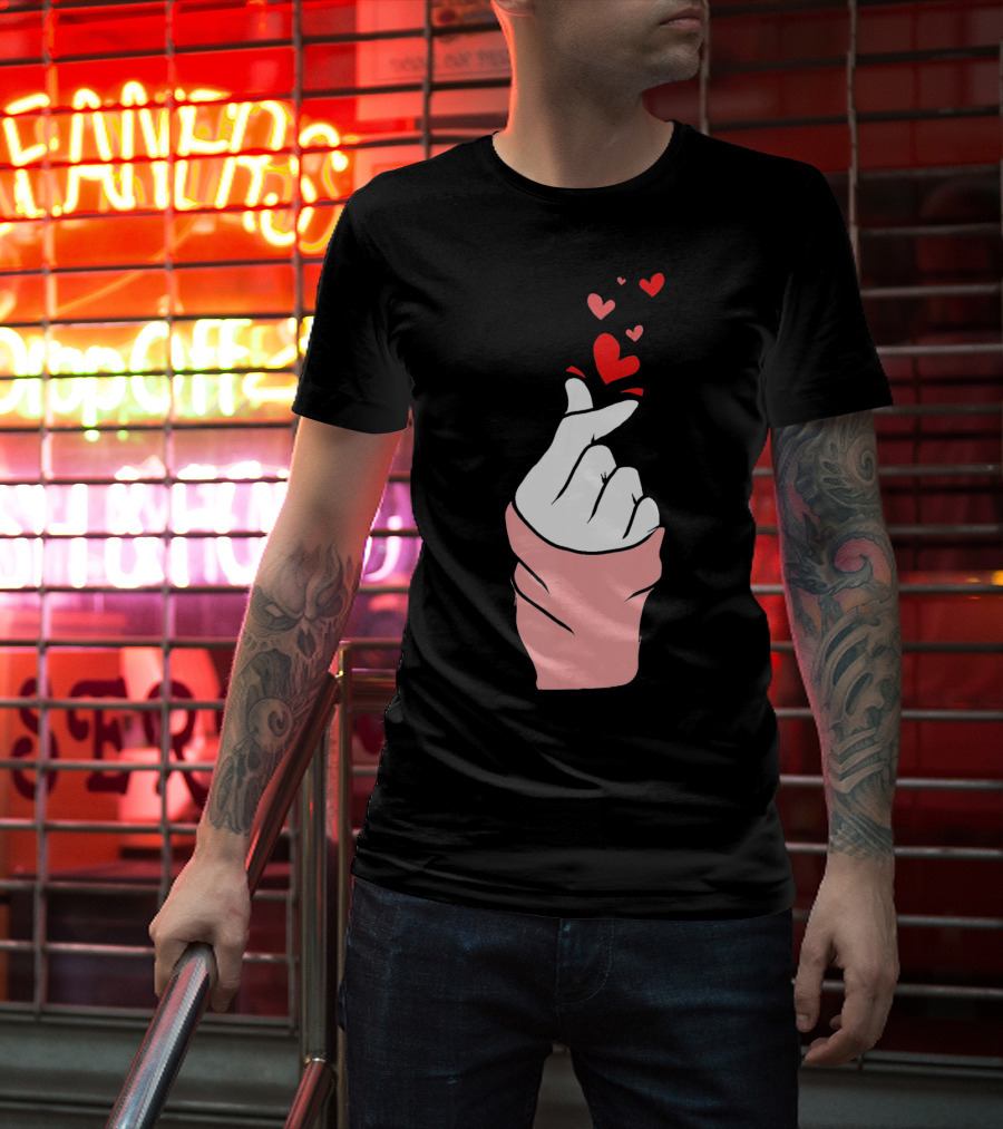 Korean Finger Heart Gesture With Floating Hearts For Valentine's Day T-Shirt