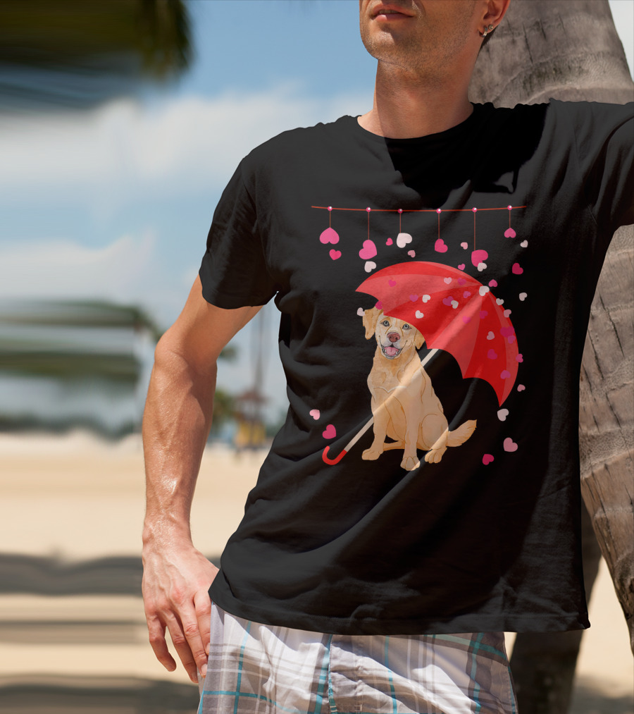 Labrador Retriever Under Umbrella With Falling Hearts Valentine's Day T-Shirt