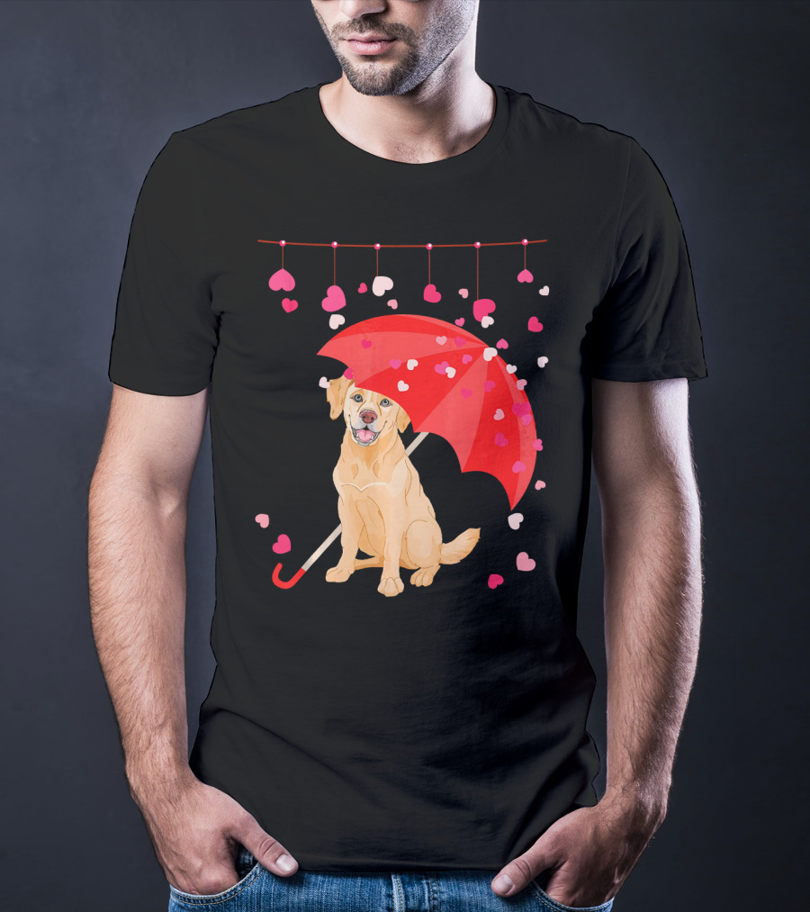 Labrador Retriever Under Umbrella With Falling Hearts Valentine's Day T-Shirt