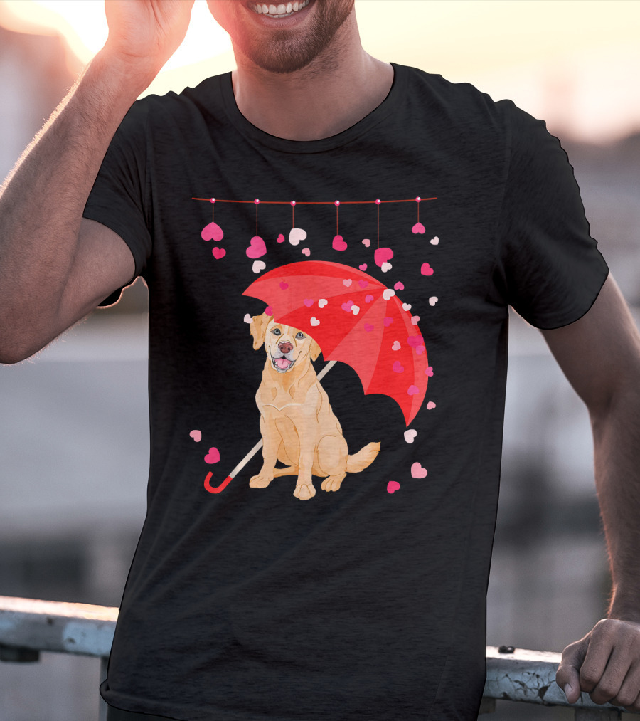 Labrador Retriever Under Umbrella With Falling Hearts Valentine's Day T-Shirt