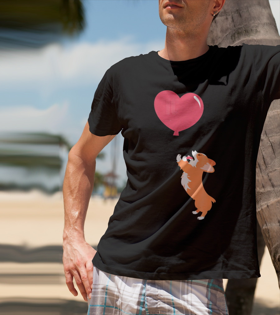 Little Corgi Puppy Dog Reaching For Red Heart Balloon T-Shirt
