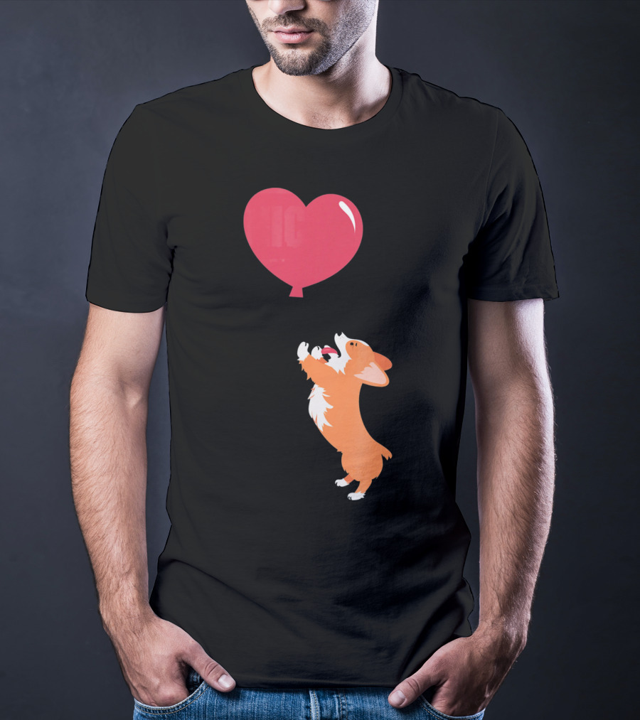Little Corgi Puppy Dog Reaching For Red Heart Balloon T-Shirt