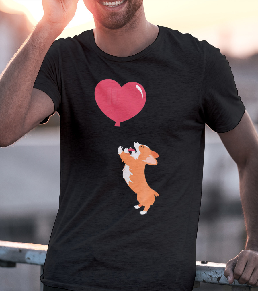 Little Corgi Puppy Dog Reaching For Red Heart Balloon T-Shirt