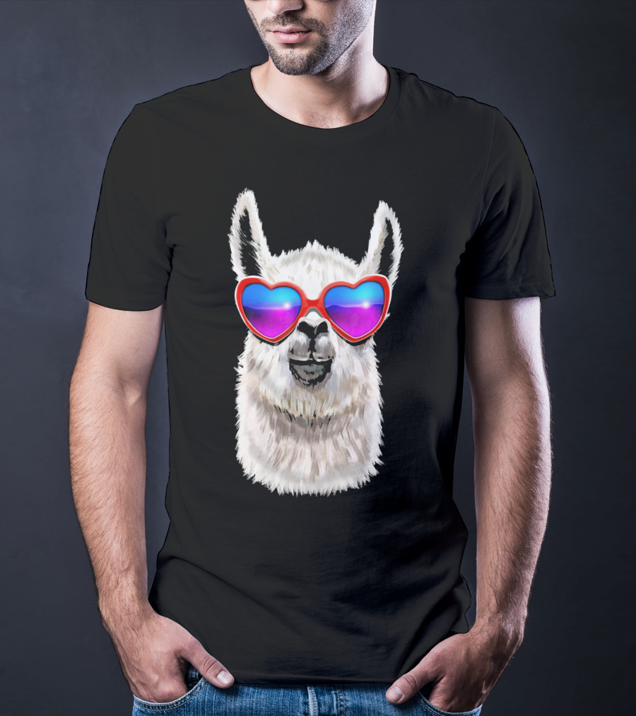 Llama Valentine's Day Heart Sunglasses Fashion T-Shirt