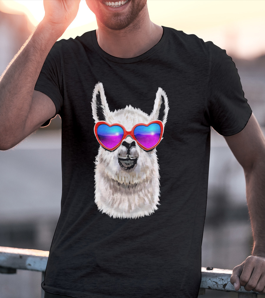 Llama Valentine's Day Heart Sunglasses Fashion T-Shirt