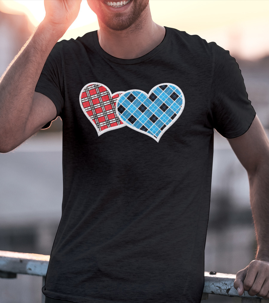 Valentine Buffalo Plaid Red And Blue Heart T-Shirt